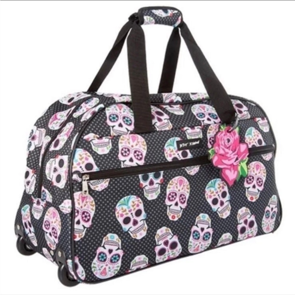 BETSEY JOHNSON “SKULL PARTY!” WHEELED DUFFLE  LUGGAGE TRAVEL BAG